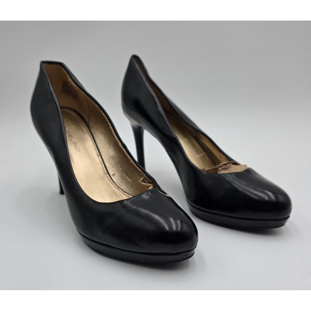 Bandolino Bodacio Black Platform Pumps Round Toe Gold Heel Accent Womens 6.5M